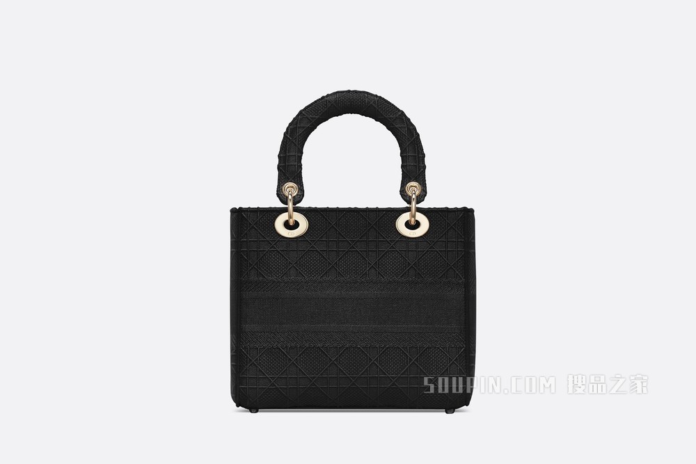 中号 Lady D-Lite 手袋 黑色藤格纹刺绣