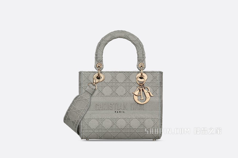 中号 Lady D-Lite 手袋 灰色藤格纹刺绣