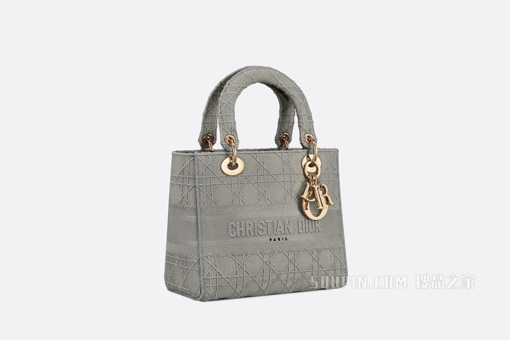 中号 Lady D-Lite 手袋 灰色藤格纹刺绣