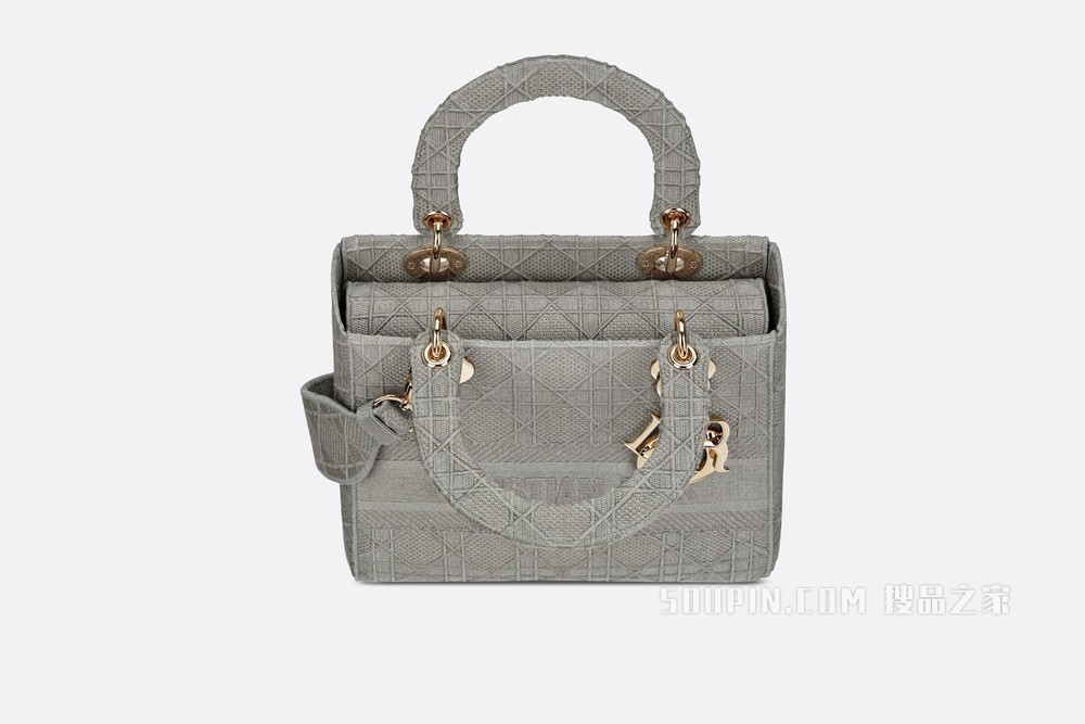 中号 Lady D-Lite 手袋 灰色藤格纹刺绣