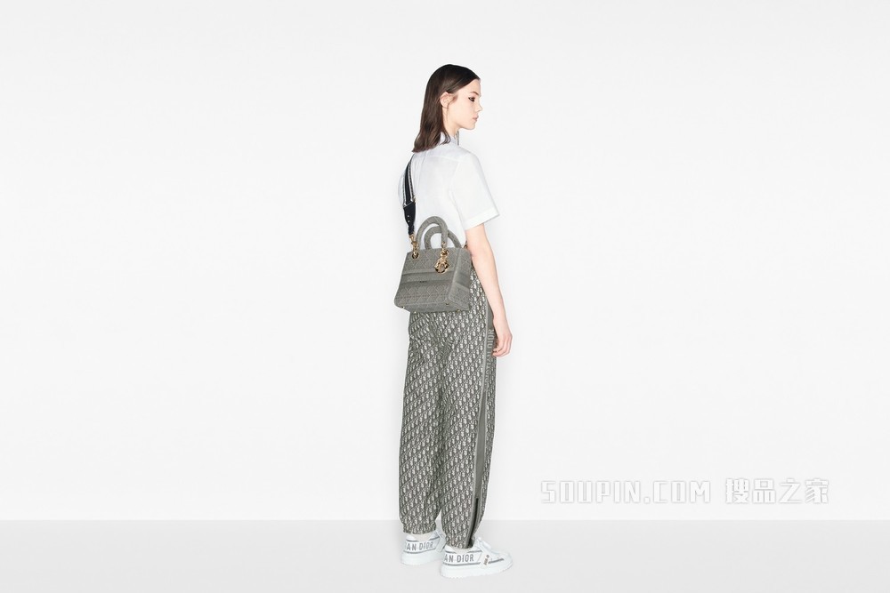 中号 Lady D-Lite 手袋 灰色藤格纹刺绣