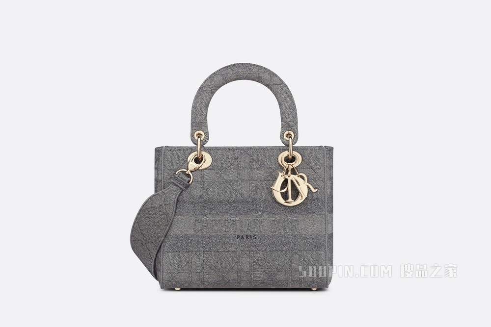 中号 Lady D-Lite 手袋 灰色超大藤格纹刺绣