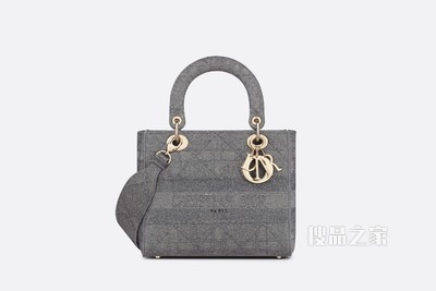中号 Lady D-Lite 手袋 灰色超大藤格纹刺绣
