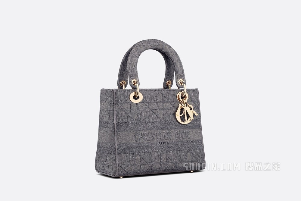 中号 Lady D-Lite 手袋 灰色超大藤格纹刺绣