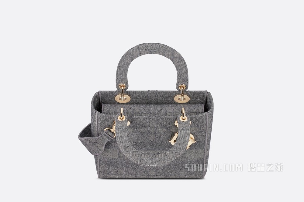 中号 Lady D-Lite 手袋 灰色超大藤格纹刺绣