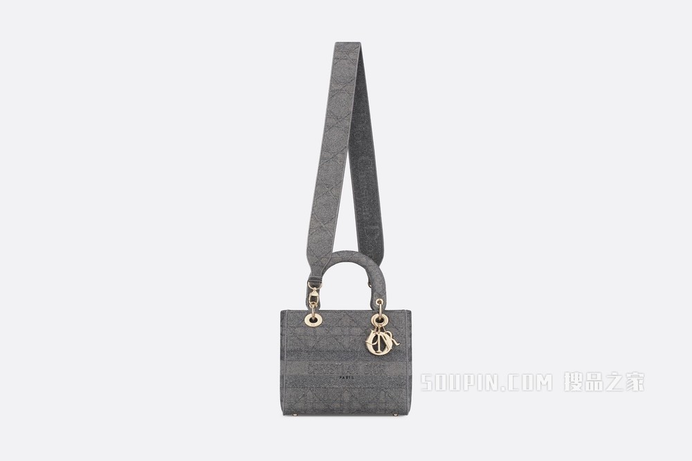 中号 Lady D-Lite 手袋 灰色超大藤格纹刺绣