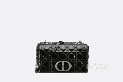 中号 Dior Caro 手袋 黑色褶皱漆皮羊皮革