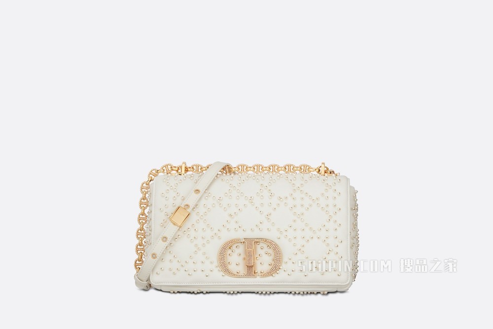 中号 Dior Caro 手袋 奶白色藤格纹羊皮革搭配树脂珠饰刺绣