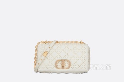 中号 Dior Caro 手袋 奶白色藤格纹羊皮革搭配树脂珠饰刺绣