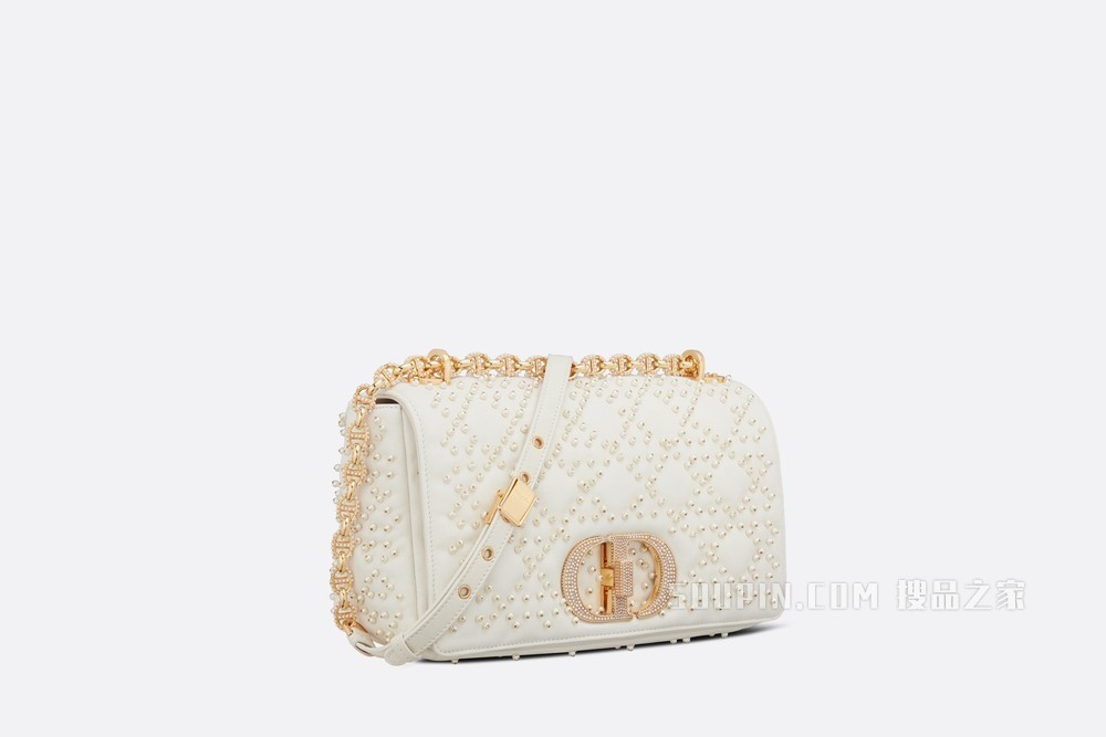 中号 Dior Caro 手袋 奶白色藤格纹羊皮革搭配树脂珠饰刺绣