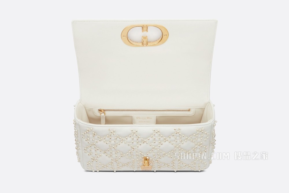 中号 Dior Caro 手袋 奶白色藤格纹羊皮革搭配树脂珠饰刺绣