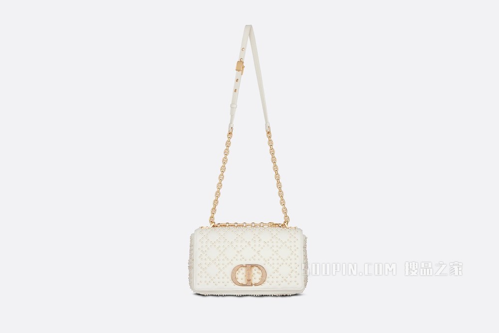 中号 Dior Caro 手袋 奶白色藤格纹羊皮革搭配树脂珠饰刺绣