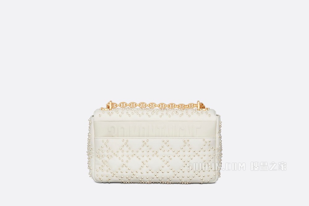 中号 Dior Caro 手袋 奶白色藤格纹羊皮革搭配树脂珠饰刺绣