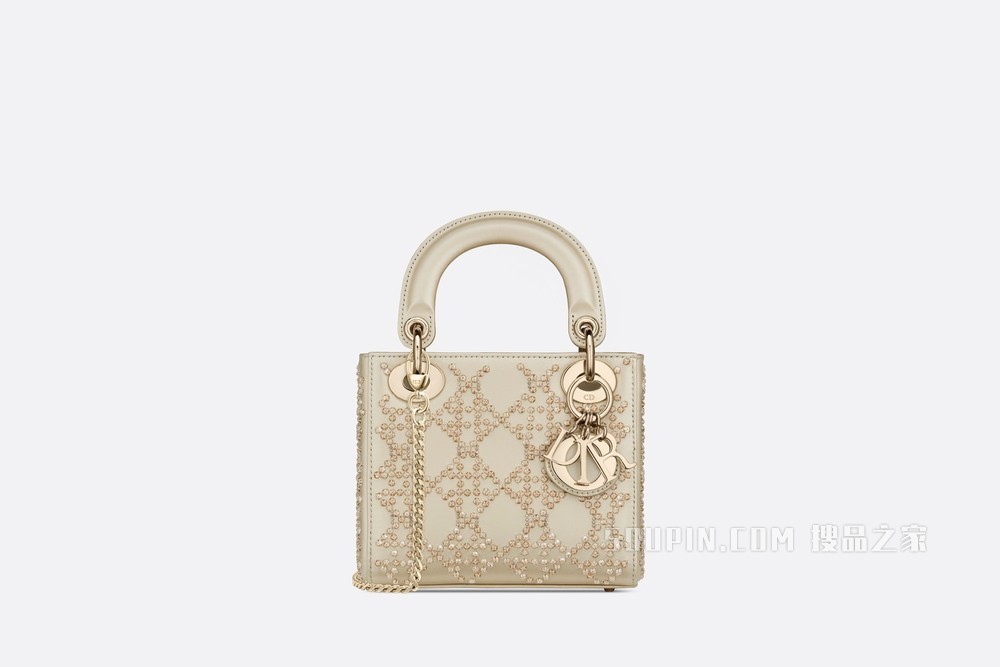 迷你 Lady Dior 手袋 铂金色金属光泽牛皮革藤格纹珠饰刺绣