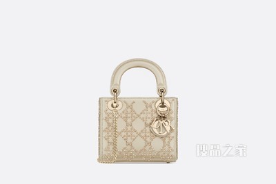 迷你 Lady Dior 手袋 铂金色金属光泽牛皮革藤格纹珠饰刺绣