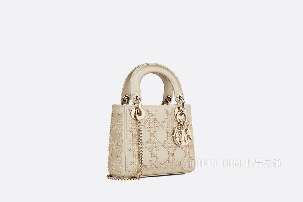 迷你 Lady Dior 手袋 铂金色金属光泽牛皮革藤格纹珠饰刺绣