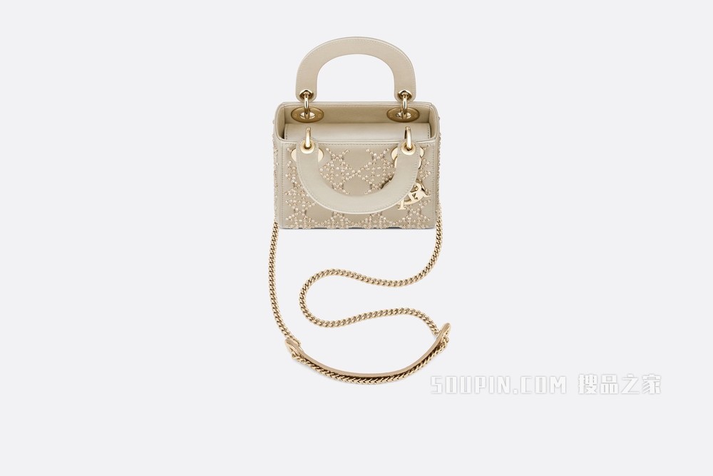 迷你 Lady Dior 手袋 铂金色金属光泽牛皮革藤格纹珠饰刺绣