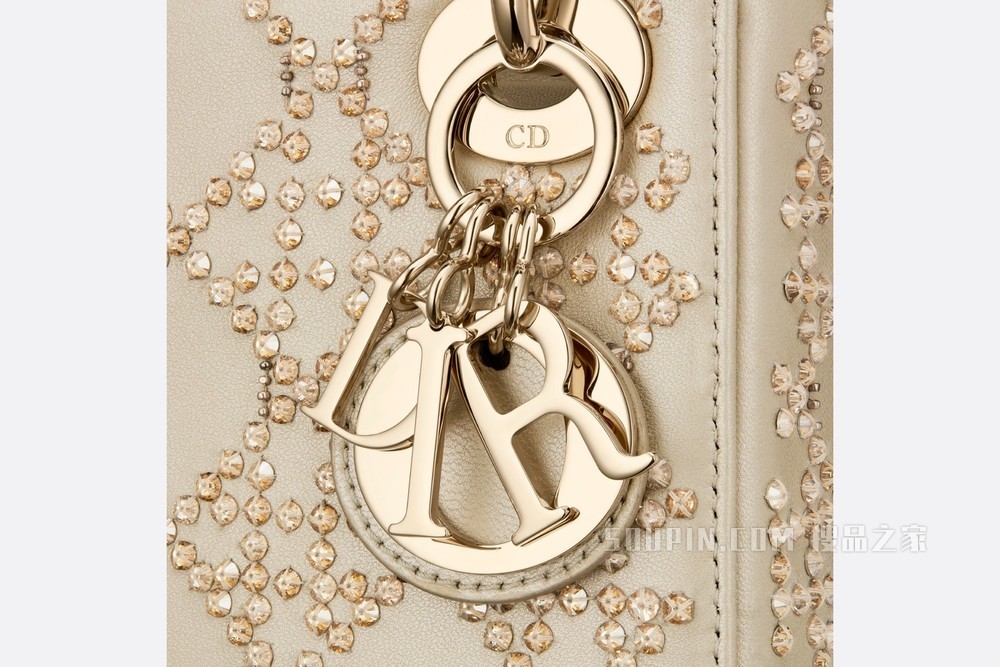 迷你 Lady Dior 手袋 铂金色金属光泽牛皮革藤格纹珠饰刺绣