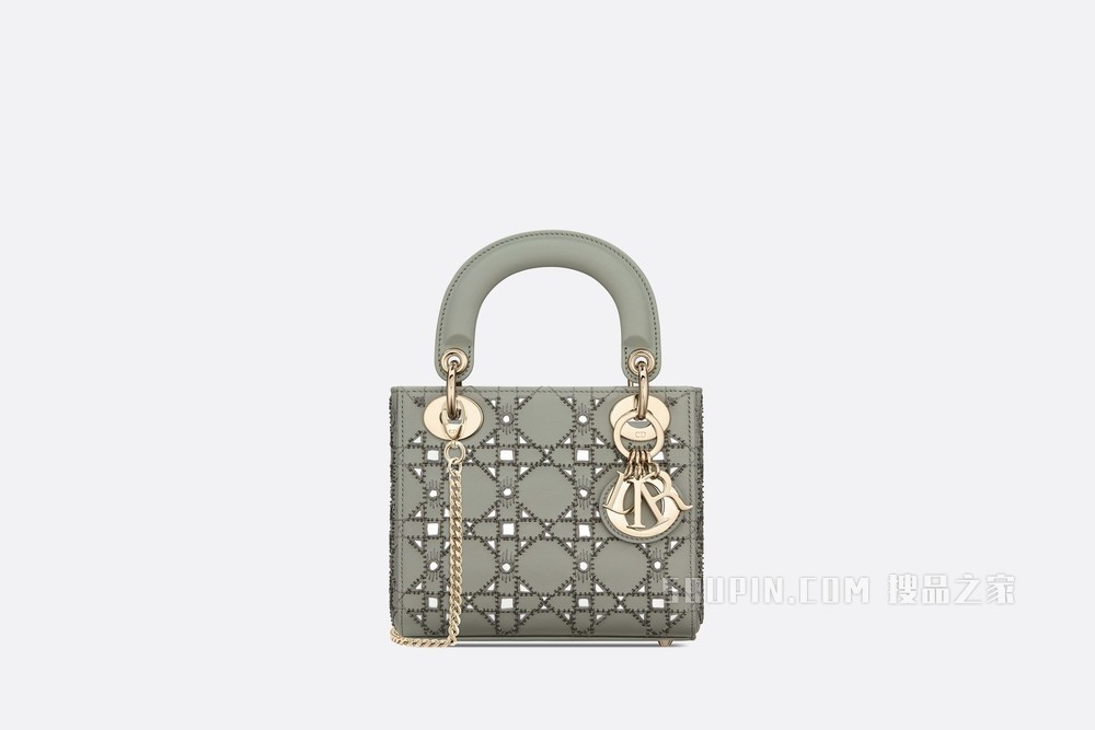迷你 Lady Dior 手袋 灰色牛皮革藤格纹搭配丝线、镜面和珠饰刺绣