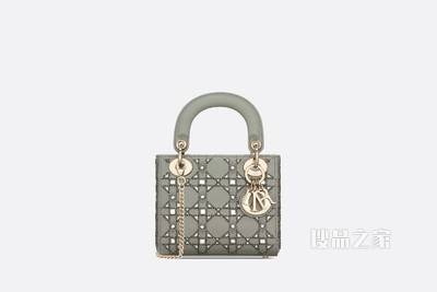 迷你 Lady Dior 手袋 灰色牛皮革藤格纹搭配丝线、镜面和珠饰刺绣