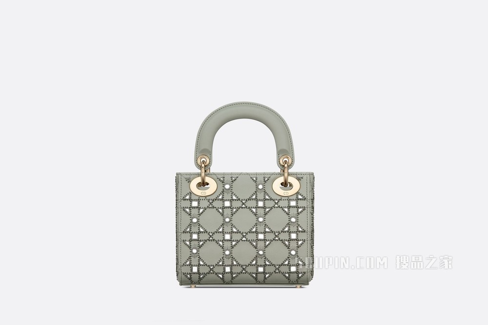 迷你 Lady Dior 手袋 灰色牛皮革藤格纹搭配丝线、镜面和珠饰刺绣