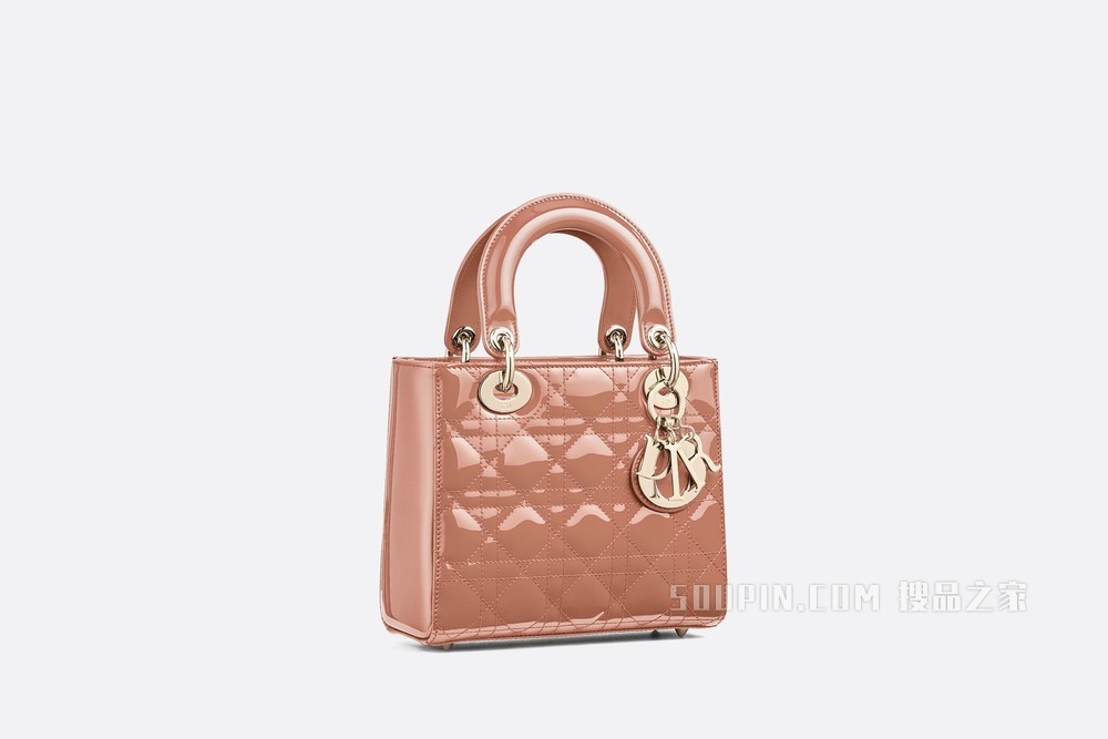 小号 Lady Dior 手袋 玫瑰粉色漆皮牛皮革藤格纹