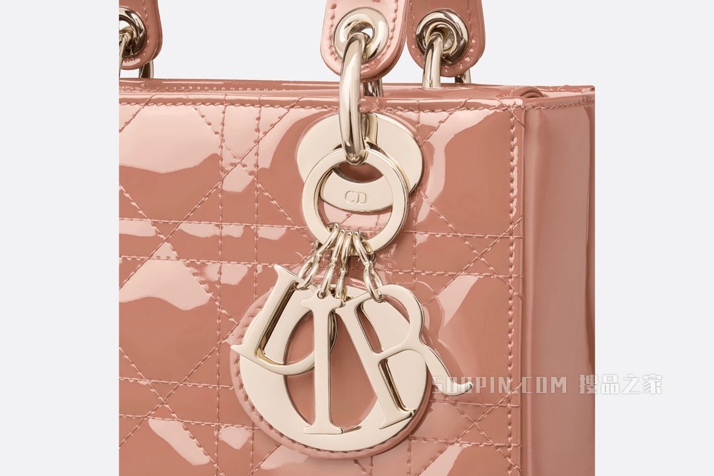 小号 Lady Dior 手袋 玫瑰粉色漆皮牛皮革藤格纹