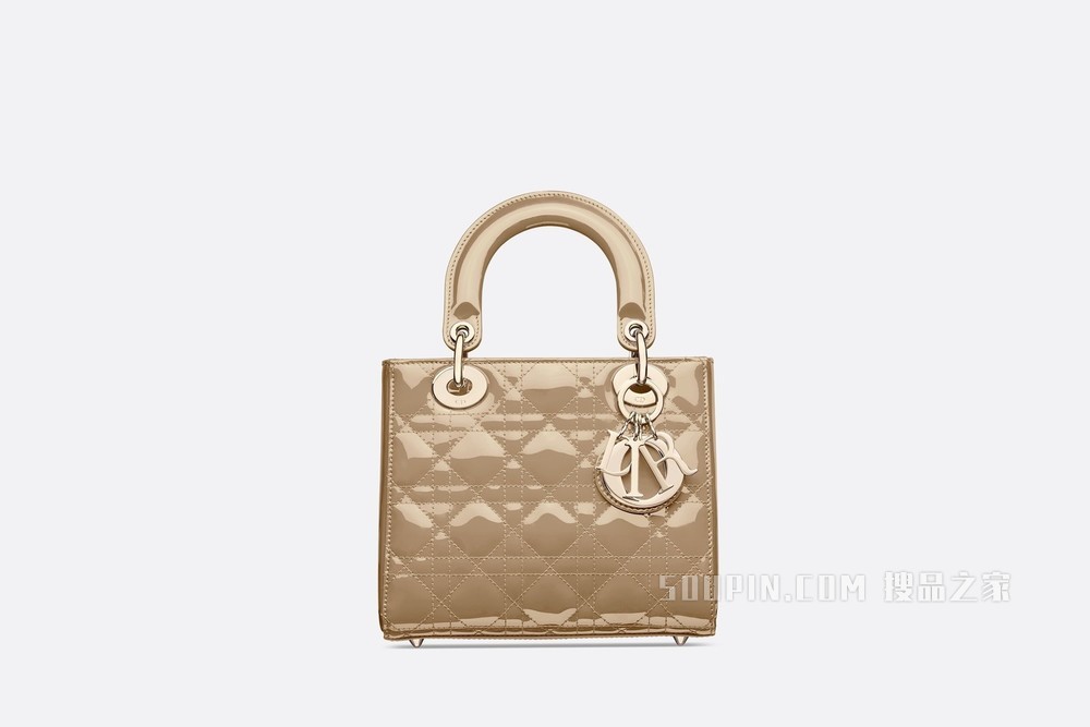 小号 Lady Dior 手袋 米色漆皮牛皮革藤格纹