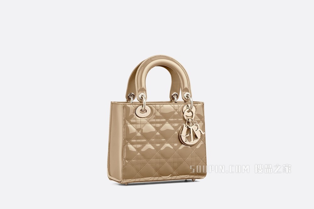 小号 Lady Dior 手袋 米色漆皮牛皮革藤格纹