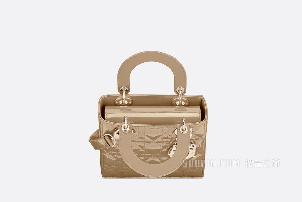 小号 Lady Dior 手袋 米色漆皮牛皮革藤格纹