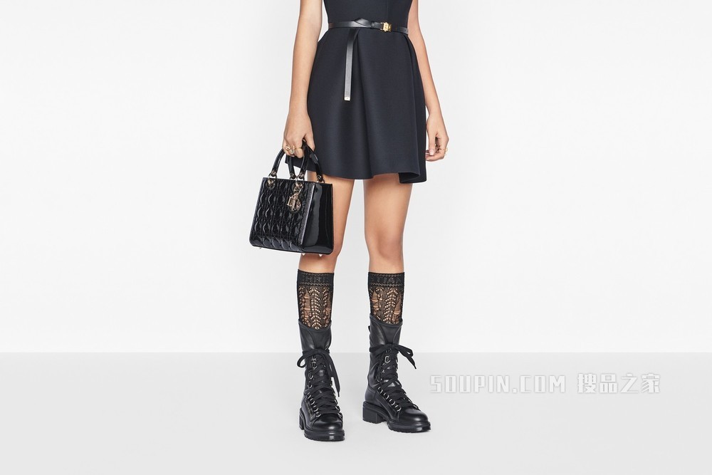 小号 Lady Dior 手袋 米色漆皮牛皮革藤格纹