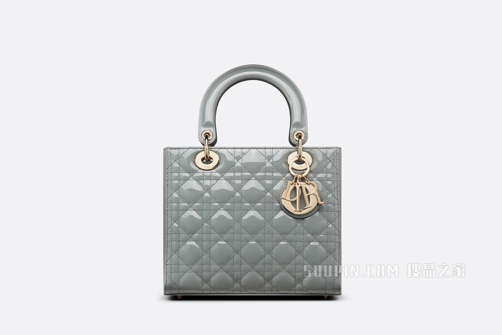 中号 Lady Dior 手袋 灰色漆皮牛皮革藤格纹