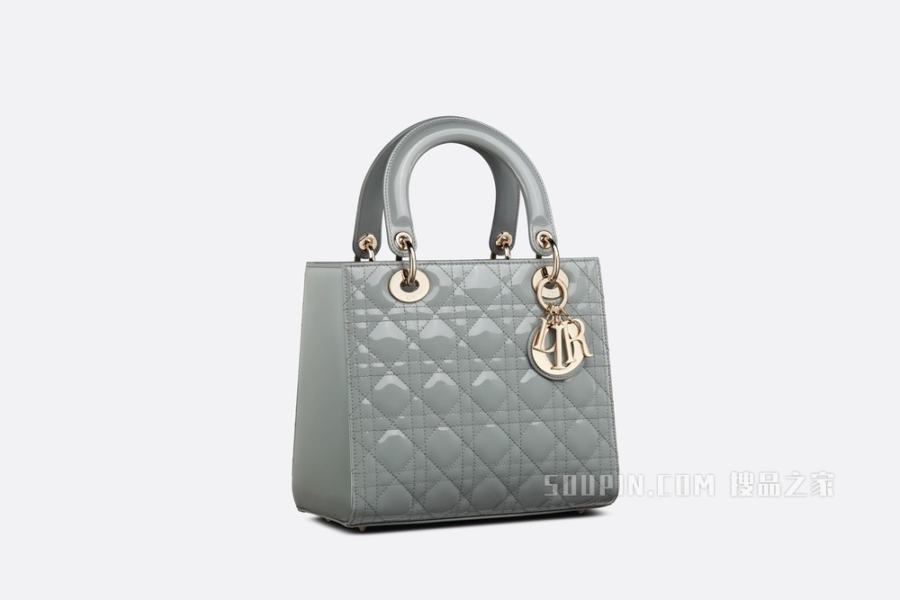 中号 Lady Dior 手袋 灰色漆皮牛皮革藤格纹