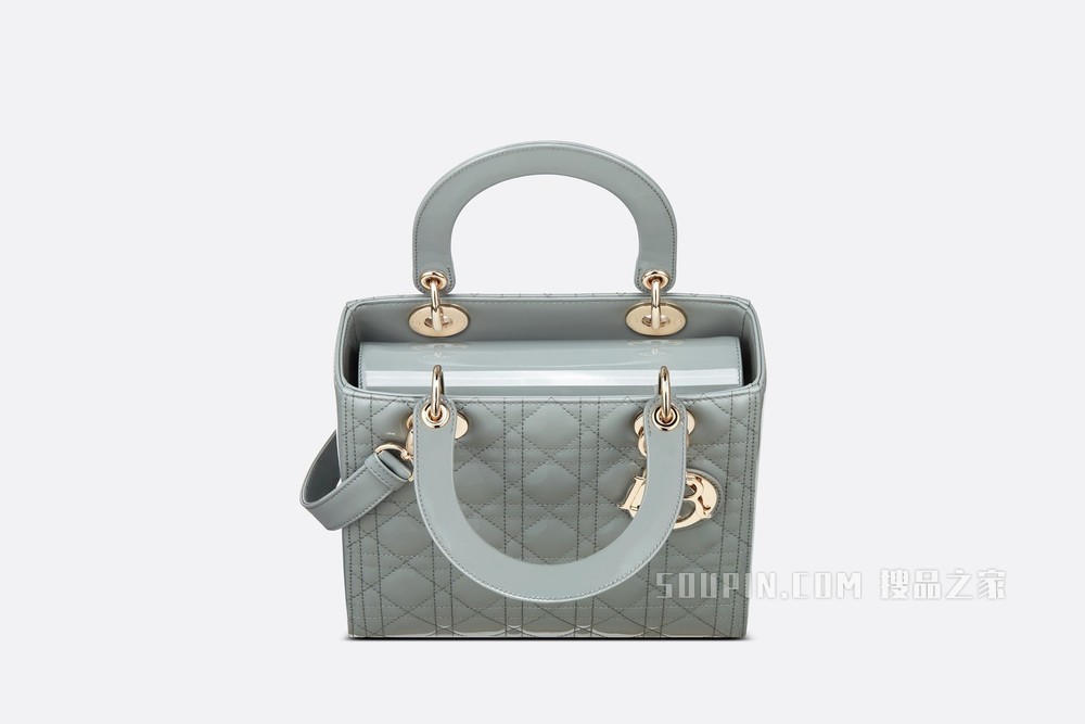 中号 Lady Dior 手袋 灰色漆皮牛皮革藤格纹