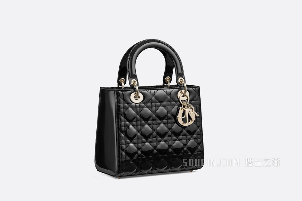 中号 Lady Dior 手袋 黑色漆皮牛皮革藤格纹
