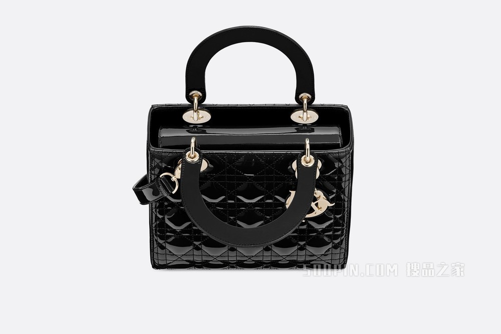 中号 Lady Dior 手袋 黑色漆皮牛皮革藤格纹