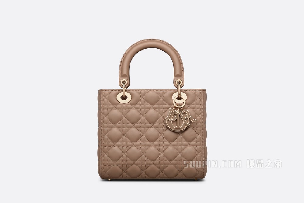 中号 Lady Dior 手袋 暖灰褐色羊皮革藤格纹