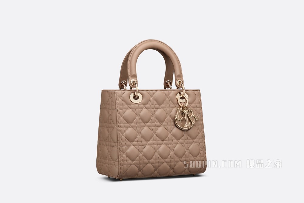中号 Lady Dior 手袋 暖灰褐色羊皮革藤格纹