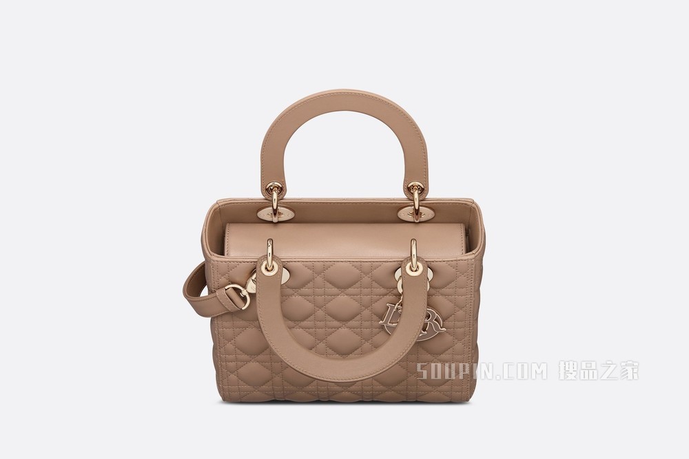 中号 Lady Dior 手袋 暖灰褐色羊皮革藤格纹