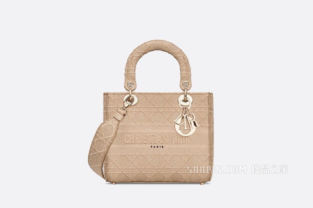 中号 Lady D-Lite 手袋 米色藤格纹刺绣