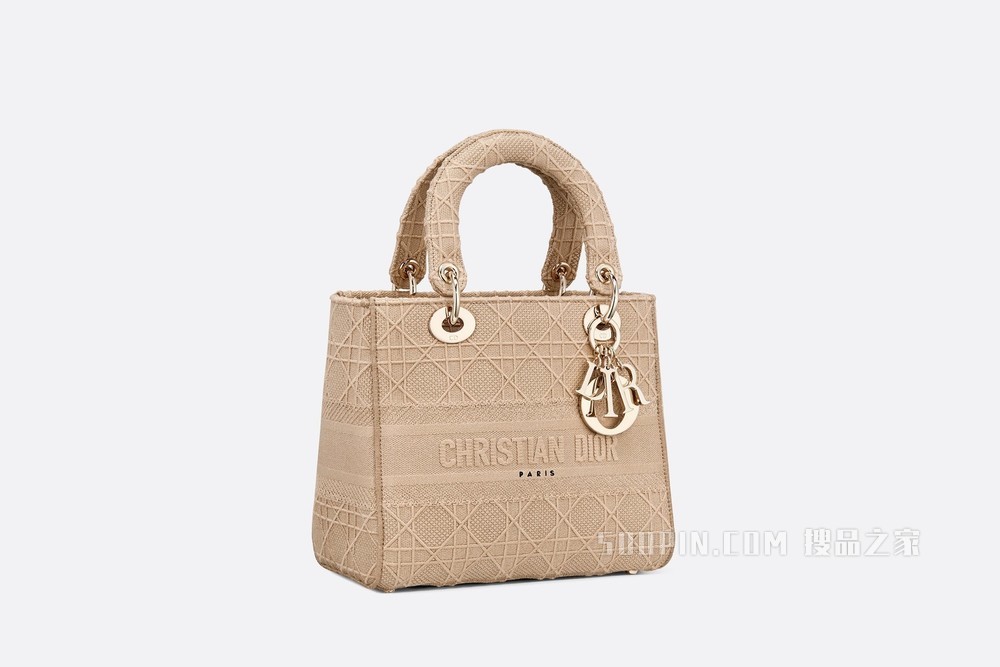 中号 Lady D-Lite 手袋 米色藤格纹刺绣