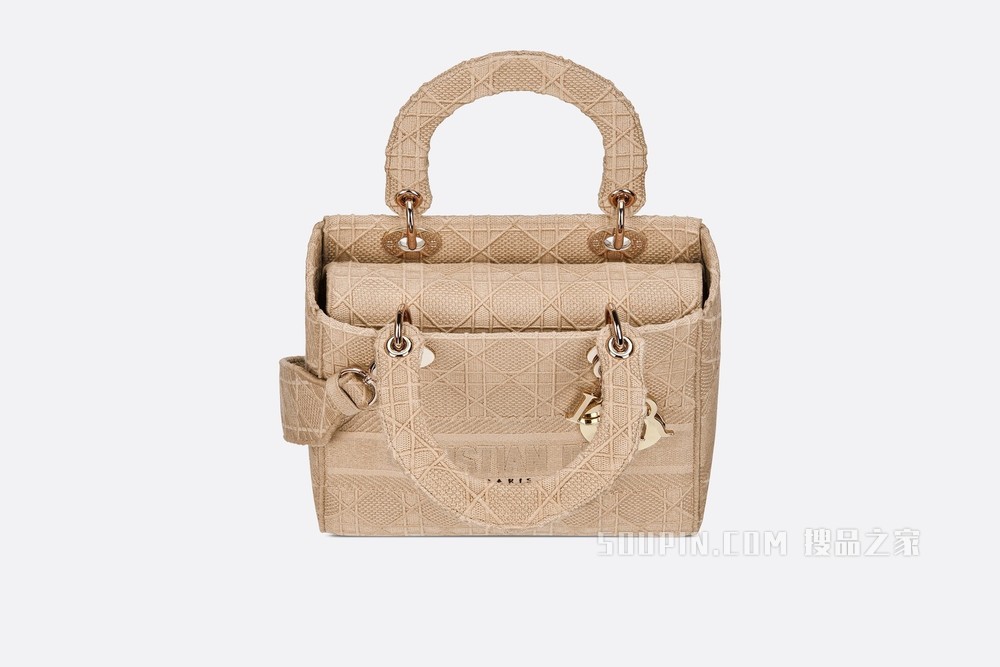 中号 Lady D-Lite 手袋 米色藤格纹刺绣
