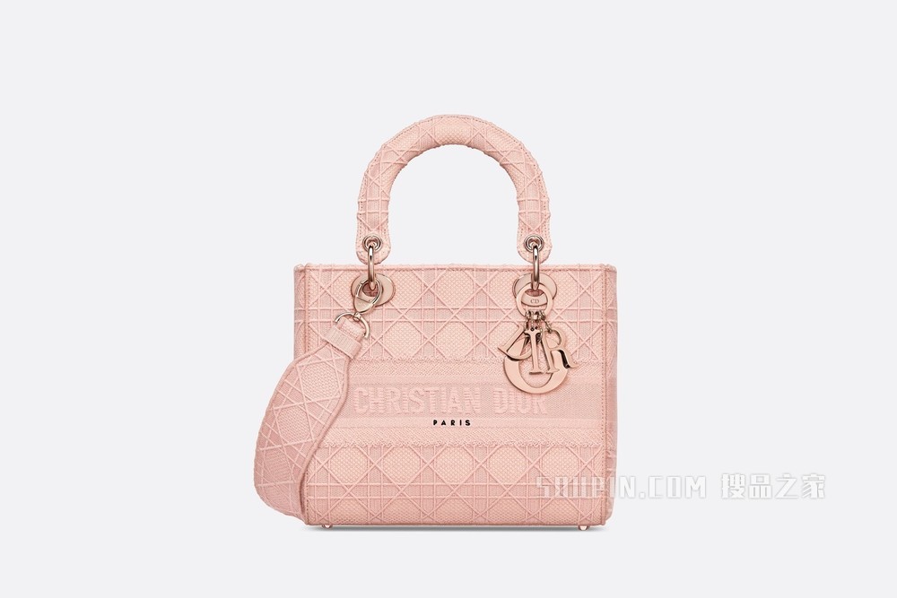 中号 Lady D-Lite 手袋 Bois de Rose 藤格纹刺绣