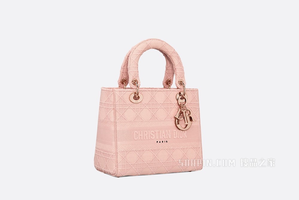 中号 Lady D-Lite 手袋 Bois de Rose 藤格纹刺绣