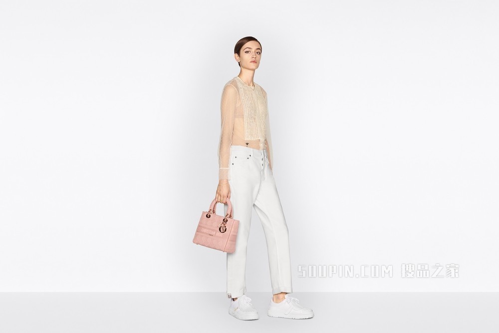 中号 Lady D-Lite 手袋 Bois de Rose 藤格纹刺绣