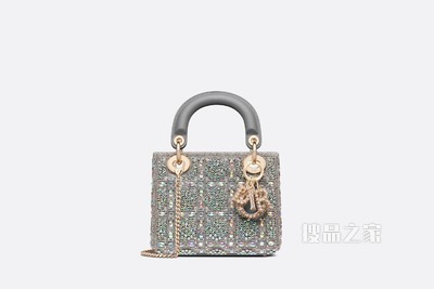 迷你 Lady Dior 手袋 灰色牛皮革和缎面材质珠饰刺绣