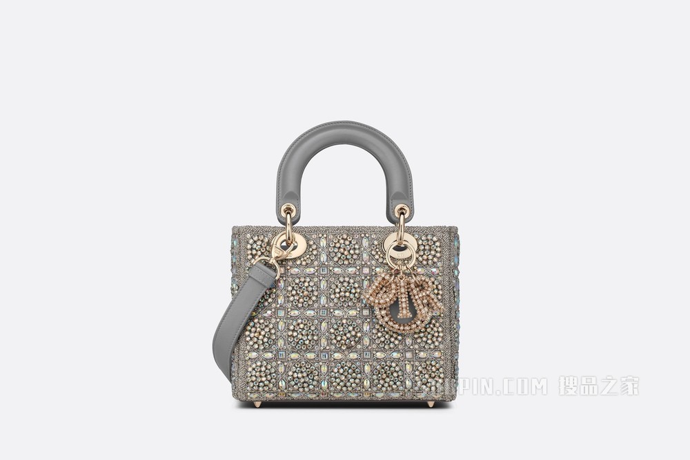 小号 Lady Dior 手袋 灰色光滑牛皮革和缎面材质珠饰刺绣