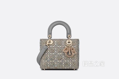 小号 Lady Dior 手袋 灰色光滑牛皮革和缎面材质珠饰刺绣