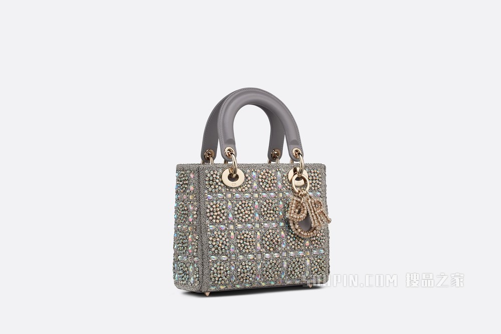 小号 Lady Dior 手袋 灰色光滑牛皮革和缎面材质珠饰刺绣