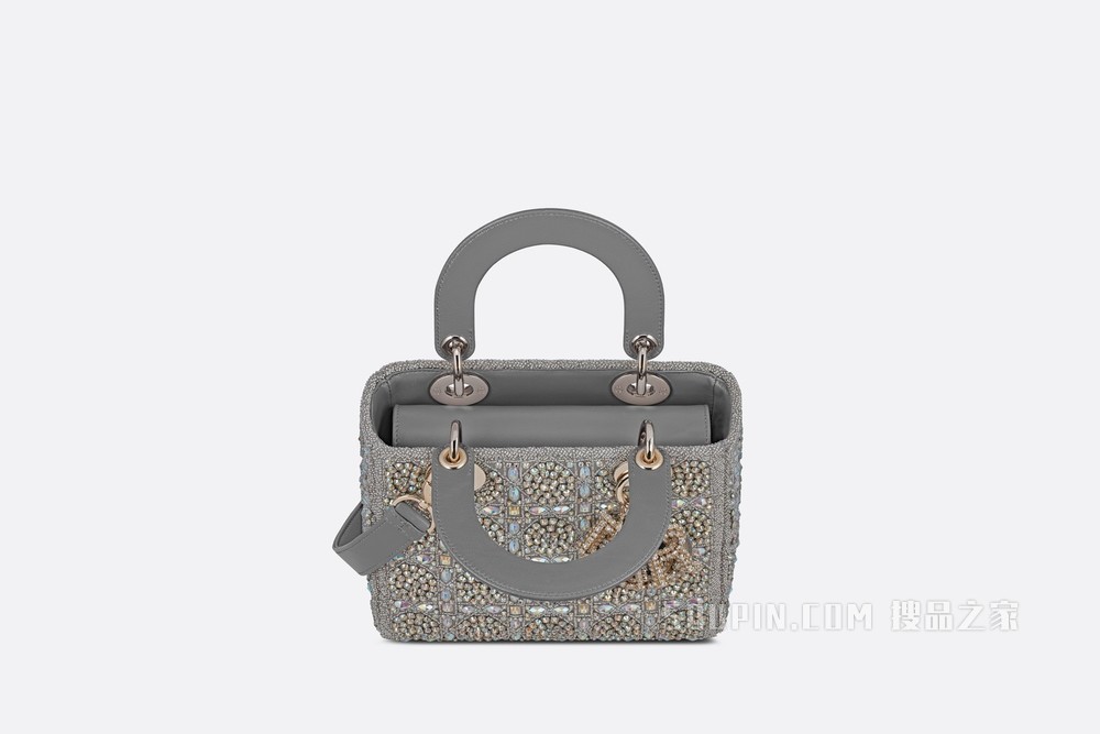 小号 Lady Dior 手袋 灰色光滑牛皮革和缎面材质珠饰刺绣